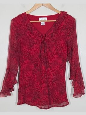 Vtg 90s Y2K Silk Red Printed Ruffle Flare Sleeve Top L Fairy Grunge Whimsigoth